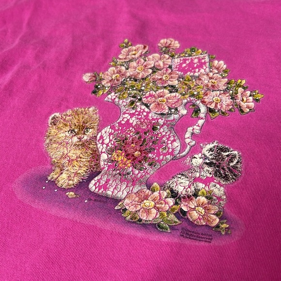 Vintage 90s Anvil Graphic Cat Floral Novelty Print Single Stitch T Shirt - Picture 4 of 10